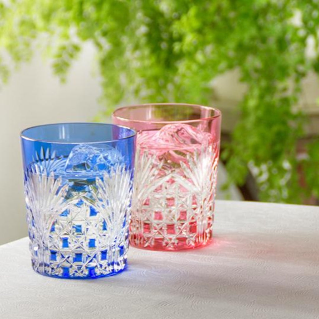[Kagami]Pair of Whiskey Glasses, Edo Kiriko "Bamboo Leaves and Tetragonal Basket Weave"
